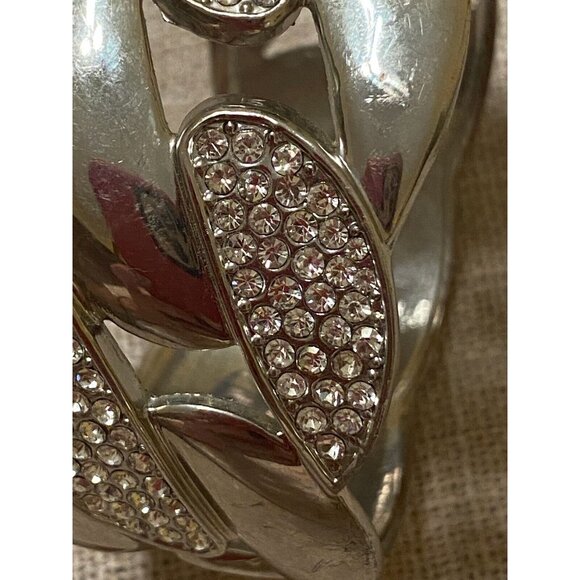 Fixed Chain Link Clamper Bracelet Bangle Silver Tone Clear Rhinestones 7" - Picture 2 of 4